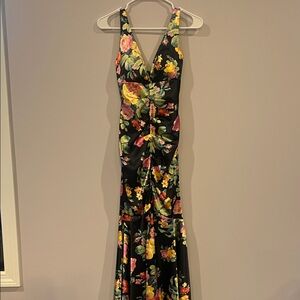 Black Floral V-Neck Ruched Maxi Dress